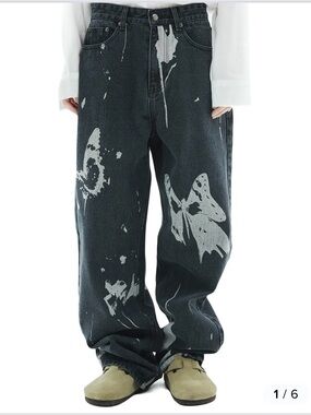 Nasty Fancy Club Vlinder Butterfly Print Wide Leg Denim Jeans Black Gray Size M